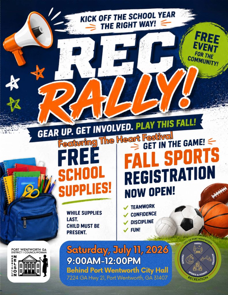 Rec Rally flyer: free school supplies and fall sports registration, Saturday July 11 2026 9 AM to 12 PM behind Port Wentworth City Hall