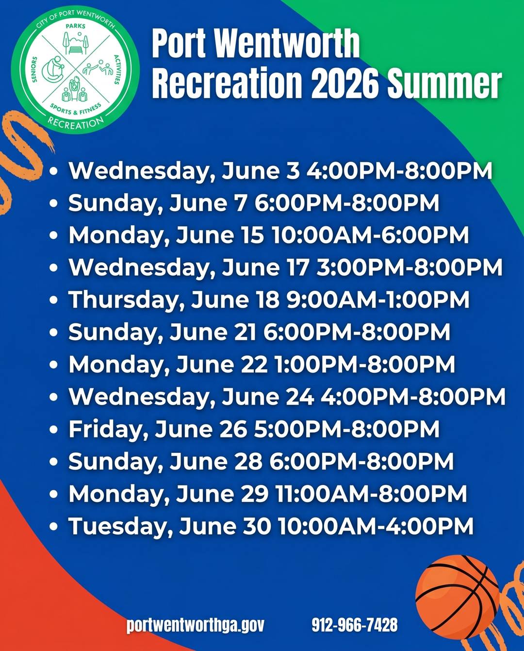 Port Wentworth Recreation 2026 Summer Open Gym dates flyer listing twelve June sessions at the gymnasium with times