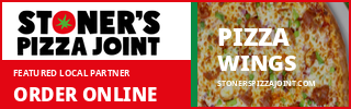Stoner's Pizza Joint featured local partner ad with pizza, wings, rewards, and online ordering.