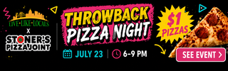 Stoner's Pizza Joint featured local partner ad with pizza, wings, rewards, and online ordering.