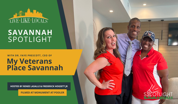 Dr. Faye Prescott of My Veterans Place Savannah with Savannah Spotlight hosts Renee LaSalle and Frederick Hogsett Jr., filmed at Monument at Pooler