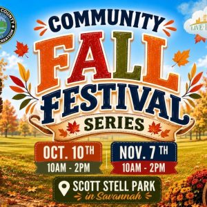 Community Fall Festival Series flyer, October 10 and November 7, 2026, 10 AM to 2 PM, L. Scott Stell Park, Savannah