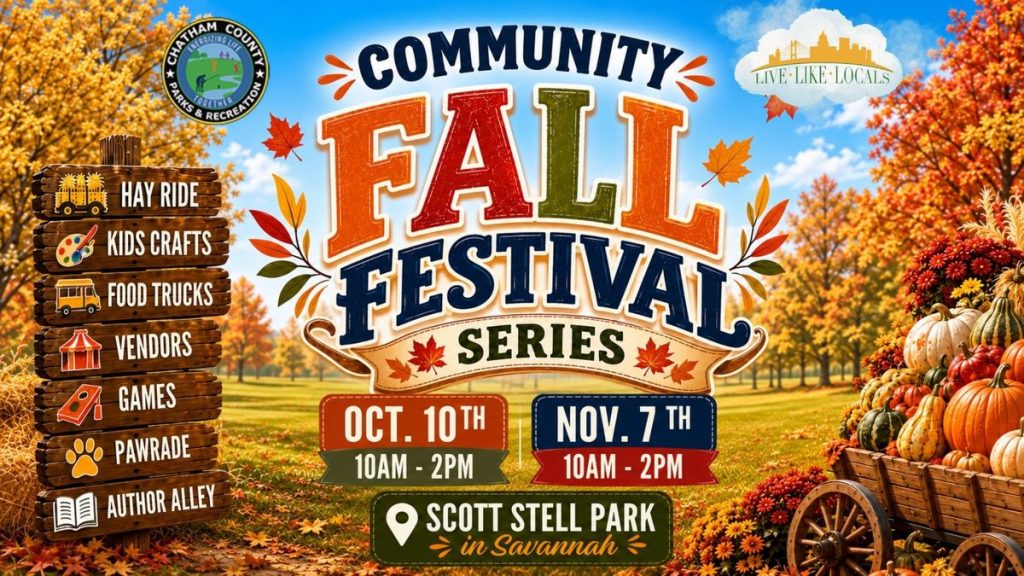 Community Fall Festival Series flyer, October 10 and November 7, 2026, 10 AM to 2 PM, L. Scott Stell Park, Savannah
