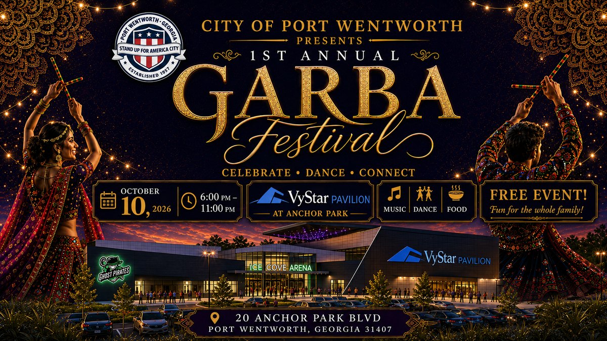 1st Annual Garba Festival flyer for VyStar Pavilion at Anchor Park in Port Wentworth, Georgia on October 10, 2026