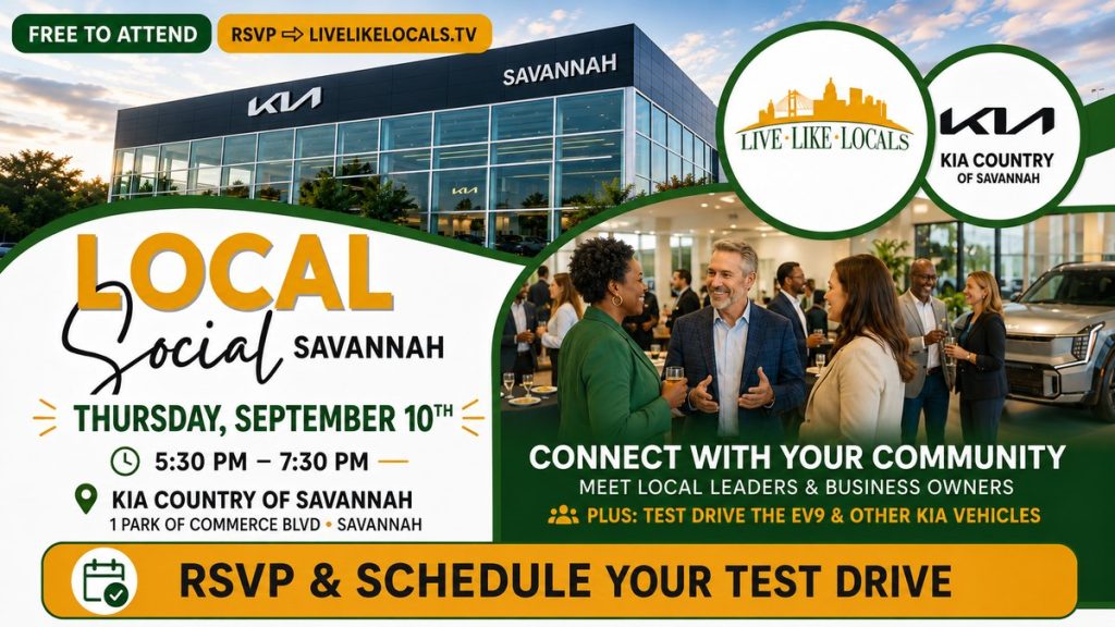 Live Like Locals Local Social flyer for Thursday September 10 2026 at Kia Country of Savannah, 5:30 to 7:30 PM, free to attend with RSVP