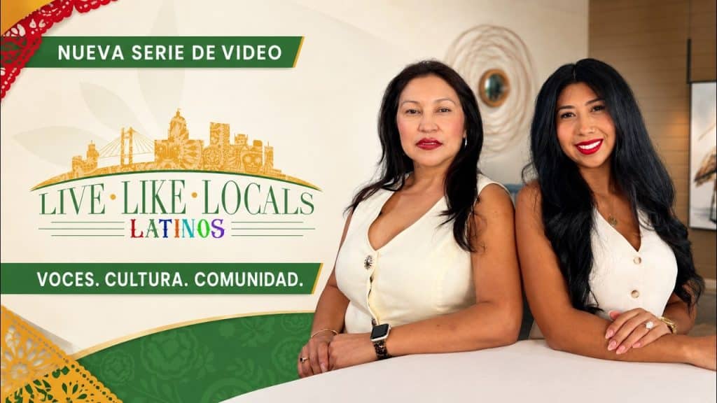 Live Like Locals Latinos series banner reading Nueva Serie de Video, Voces. Cultura. Comunidad., with hosts Maria Solesbee and Yanira Salamanca