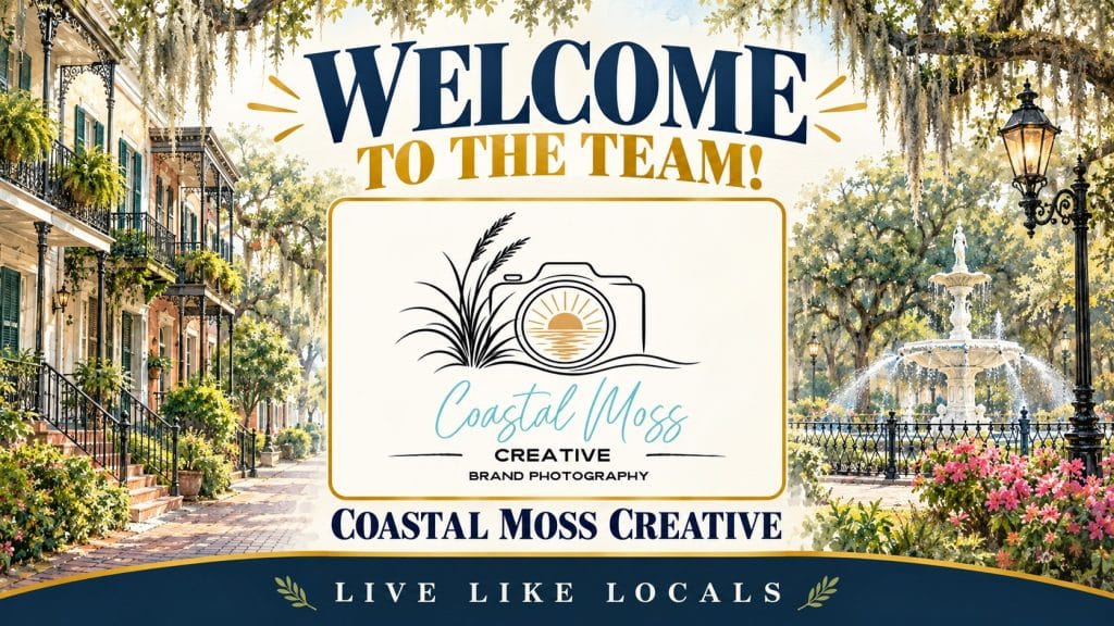 Welcome to the team header for Coastal Moss Creative, new Live Like Locals member, over an illustrated historic Savannah street and square