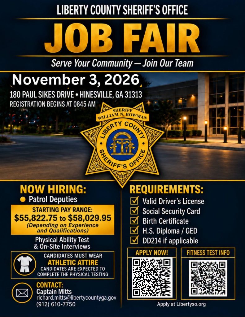 Liberty County Sheriff's Office Job Fair flyer, November 3, 2026, Hinesville GA