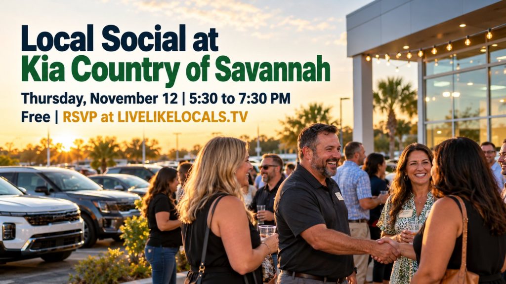 Neighbors and local business owners networking at the Live Like Locals Local Social at Kia Country of Savannah