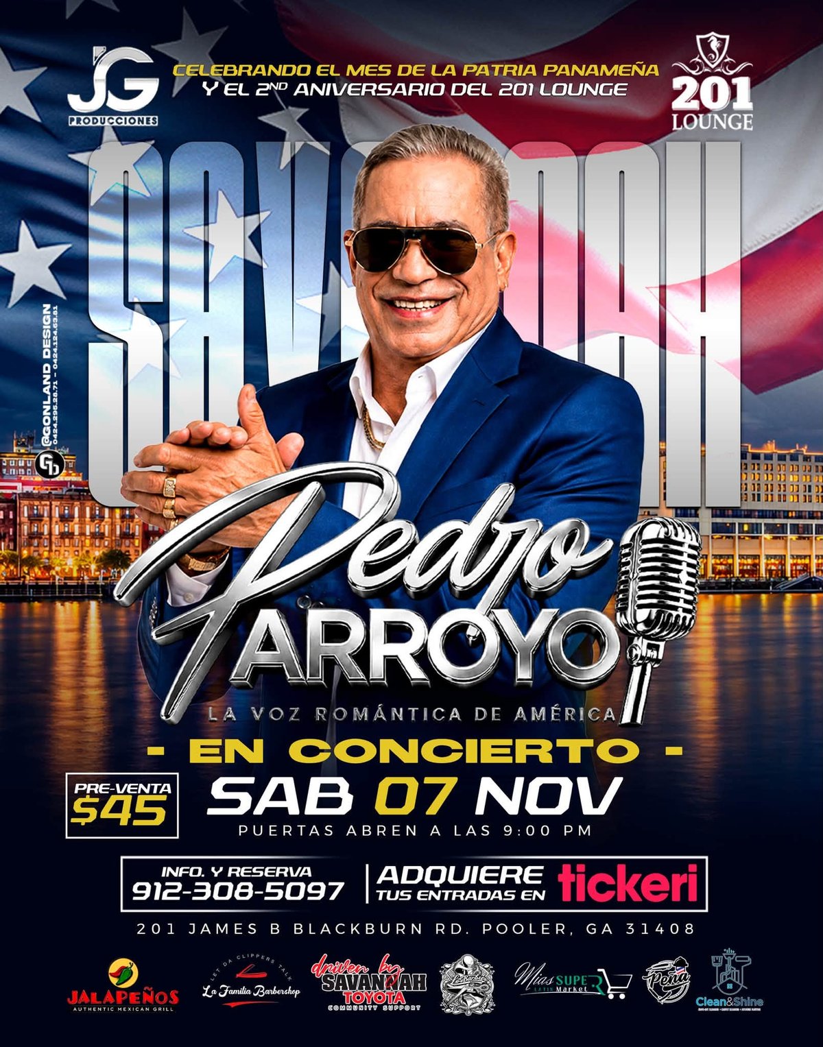 Pedro Arroyo, La Voz Romantica de America, in concert at 201 Lounge in Pooler, GA on Saturday November 7, 2026