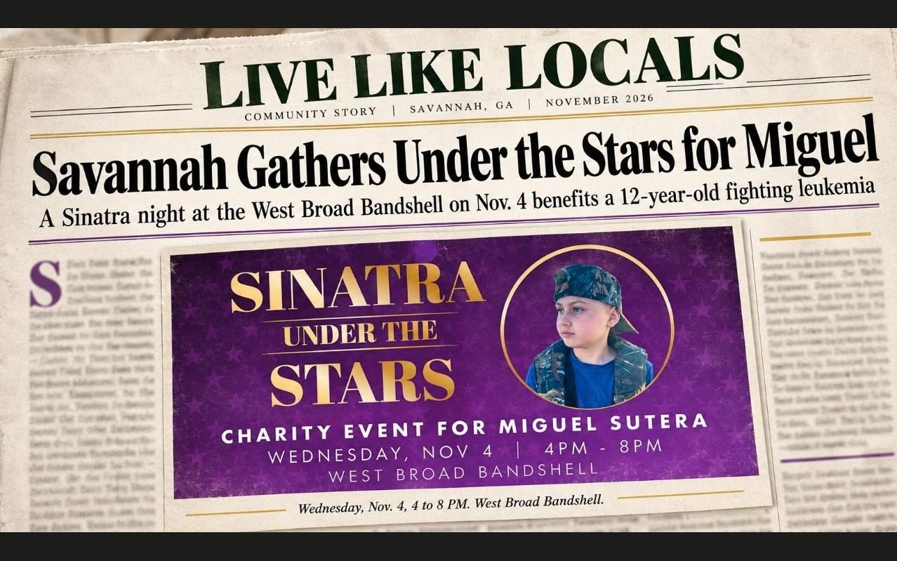 Sinatra Under the Stars Miguel Sutera featured image Newspaper style header: Savannah Gathers Under the Stars for Miguel, with the Sinatra Under the Stars event graphic