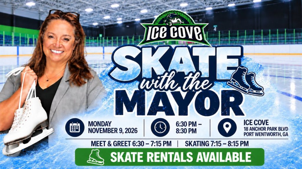 Skate with the Mayor flyer, Monday November 9 2026, 6:30 to 8:30 PM at Ice Cove, Port Wentworth GA
