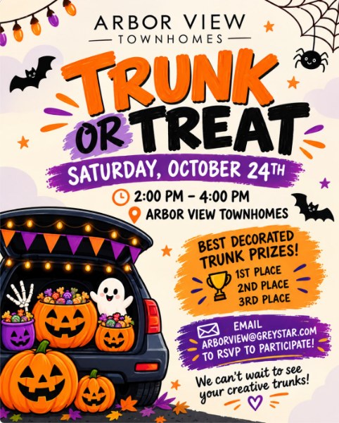 Trunk or Treat flyer, Arbor View Townhomes, Port Wentworth, Saturday October 24, 2 to 4 PM